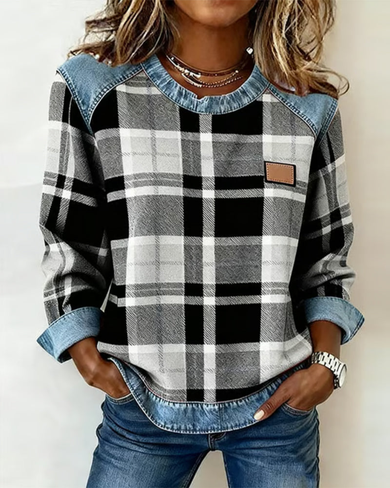 Victoria - Fashionable Sweatshirt with Checkered Patchwork