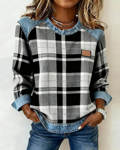 Victoria - Fashionable Sweatshirt with Checkered Patchwork