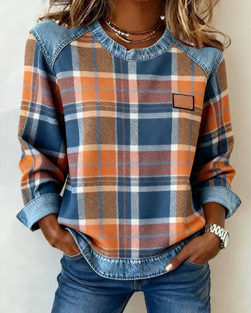 Victoria - Fashionable Sweatshirt with Checkered Patchwork