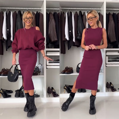 Leah – Luxe Set with Cold-Shoulder Top and Midi Skirt