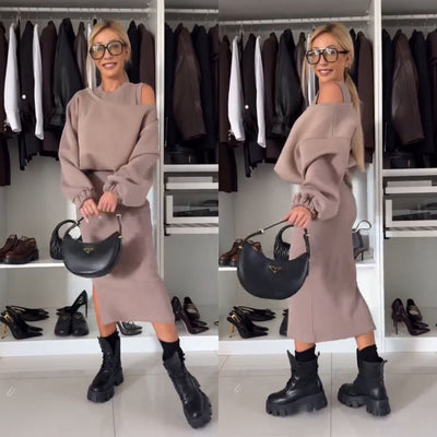 Leah – Luxe Set with Cold-Shoulder Top and Midi Skirt