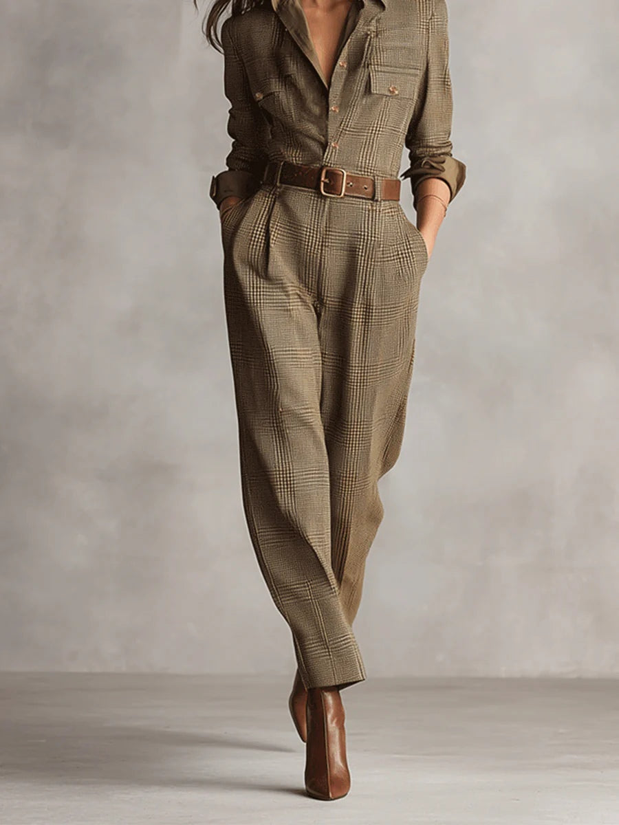 Mary | Refined tweed texture check utility jumpsuit