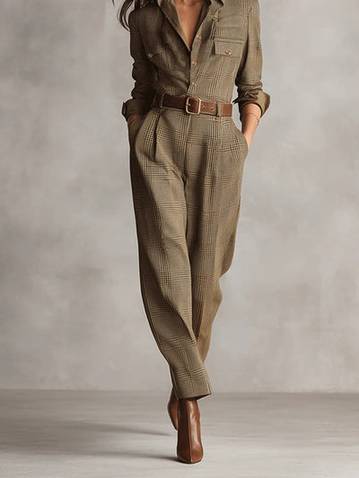 Mary | Refined tweed texture check utility jumpsuit
