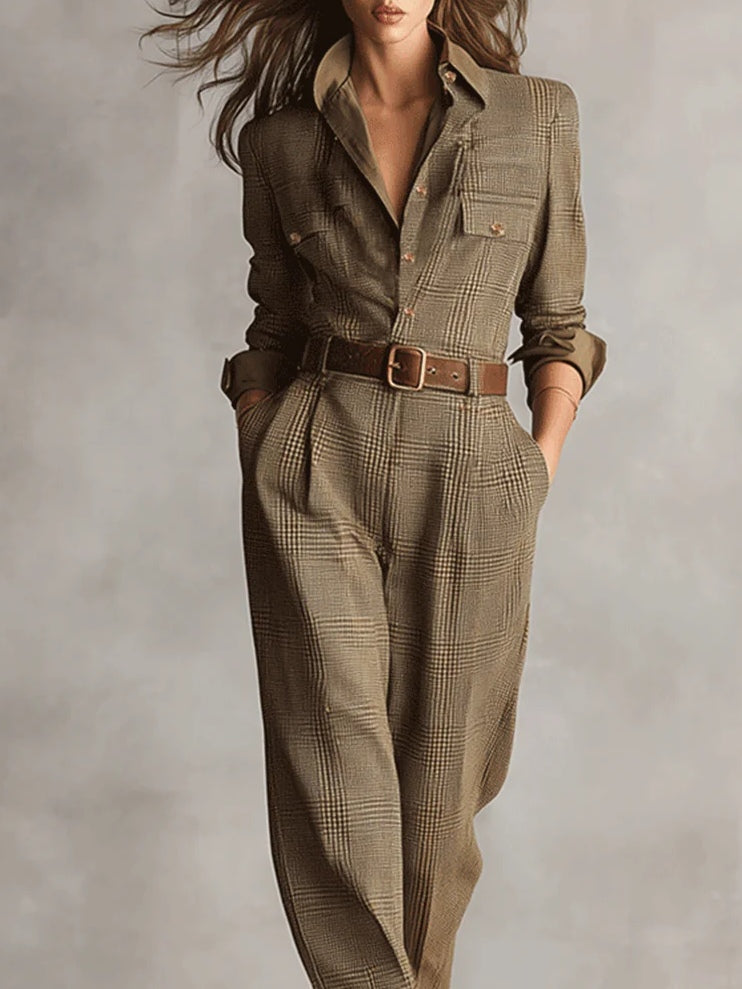 Mary | Refined tweed texture check utility jumpsuit