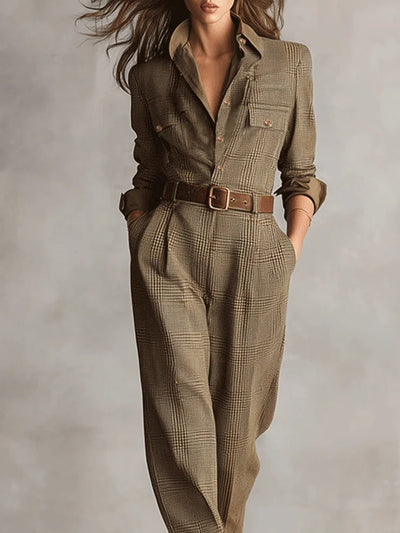 Mary | Refined tweed texture check utility jumpsuit
