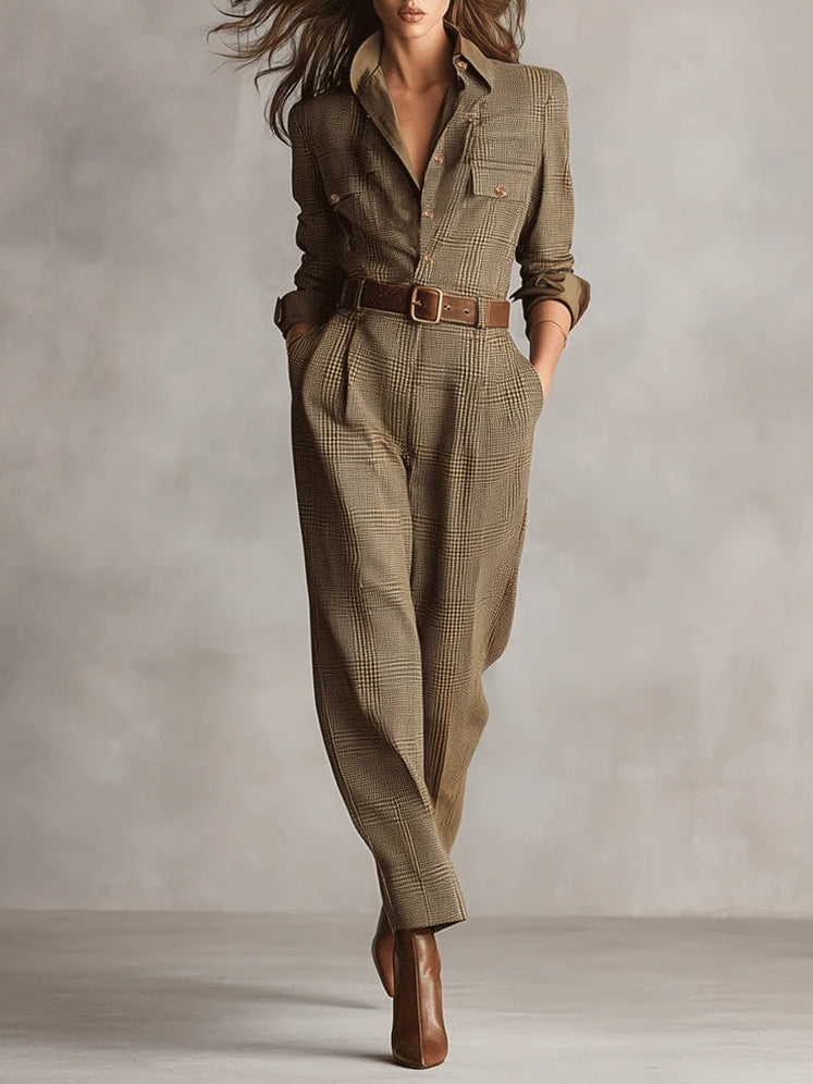 Mary | Refined tweed texture check utility jumpsuit