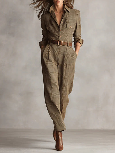 Mary | Refined tweed texture check utility jumpsuit