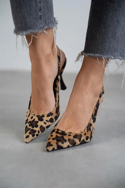 Maria | Pointed Toe Leopard Print Slingback Khaki Stiletto Heels